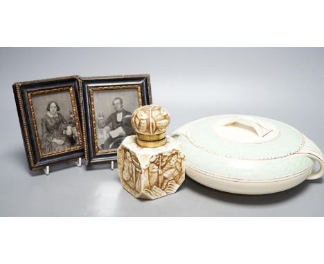 A German porcelain inkwell, Burleigh ware tureen and a pair of photos