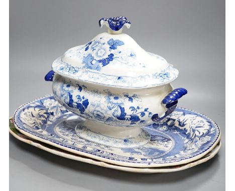 A Victorian Stone China soup tureen, 35cm wide, a Victorian blue-printed meat plate and a Masons Ironstone meat plate