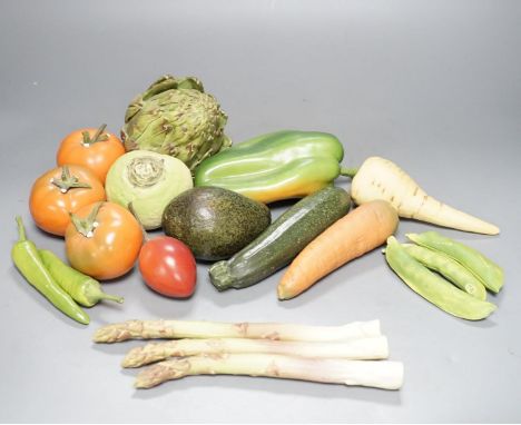 A collection of vintage Penkridge ceramic vegetables including an artichoke, avocado, peppers and asparagus (19 items)