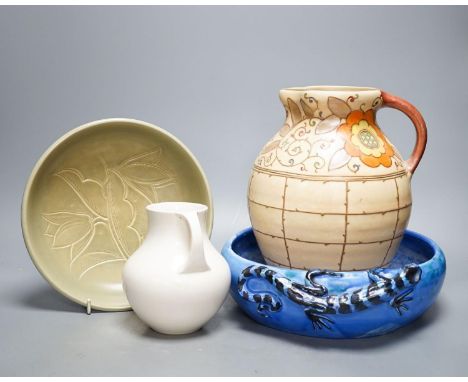 A Charlotte Rhead jug, Moorcroft jug, and 2 bowls