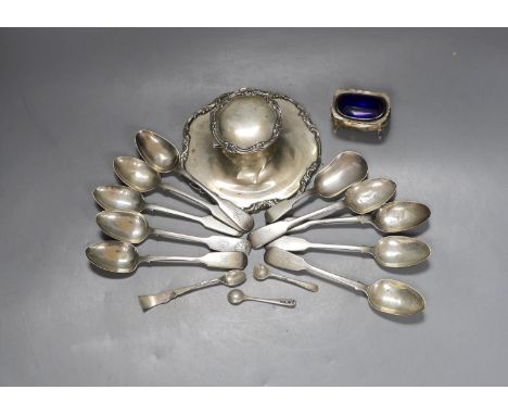 An early 20th century silver mounted inkwell, a silver salt and a small group of silver cutlery including a set of six teaspo