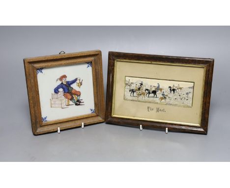 An 18th century polychrome Delft tile, 12cm, and a Victorian Stevengraph, ‘The Meet’