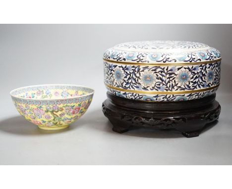 A Chinese cloisonne enamel box and cover, wood stand and a boxed eggshell porcelain bowl