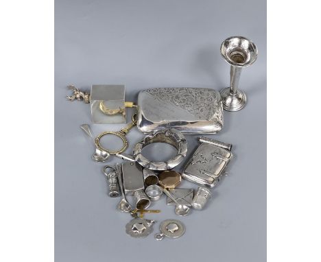 Small silver etc. including two vesta cases, a cigarette case, thimbles, inkwell, etc.