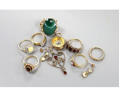 Five assorted modern 9ct gold and gem set rings, a 9ct gold mounted compass fob, a 9ct and gem set pendant and pair of 375 ea