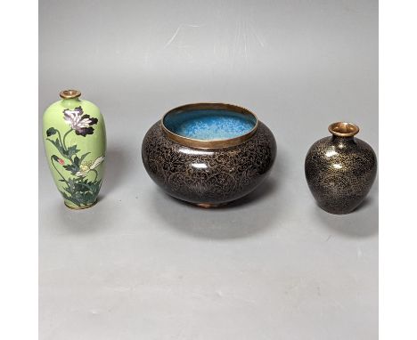 Two Chinese cloisonné enamel vases and a Japanese cloisonne vase, tallest 13 cms high.