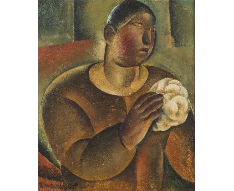 AUGUSTE MAMBOUR (1896-1968)Portrait de femme au bouquet Circa 1920Signé en bas à gaucheHuile sur toileLinks onderaan getekend