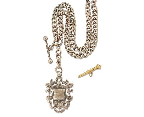 AN ALBERT CHAIN WITH A 9 CARAT GOLD MEDALLION the double Albert with two clips and a fancy T-bar, chain marked '9CT', medalli