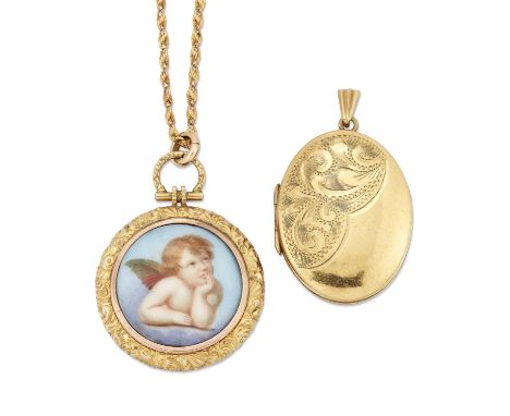 TWO VICTORIAN LOCKET PENDANTS comprising A VICTORIAN FAUSSE MONTRE LOCKET PENDANT ON CHAIN, inset with a round painted porcel