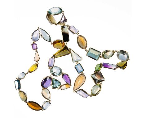 A MULTI GEMSTONE NECKLACE vari-cut amethyst, citrine, smoky quartz, rock crystal, spinel and other stones in cage settings. M