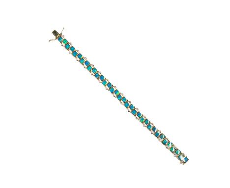 AN OPAL AND DIAMOND BRACELET  square opals alternating with round brilliant-cut diamonds as stepped links. Estimated total di