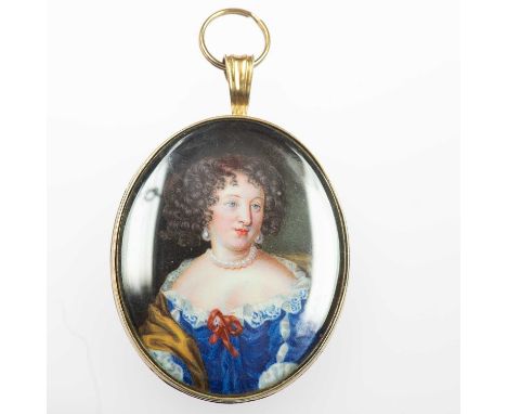 A PORTRAIT MINIATURE  of Françoise Louise, Duchess de la Vallière (1644-1710), in a reeded frame. 6cm by 4cmLight general wea