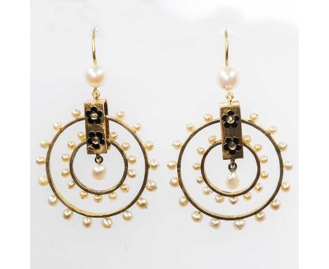 A PAIR OF PEARL PENDANT EARRINGS baroque pearl drops within concentric hoops set with seed pearls and connected to diamond-se