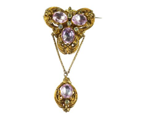 A MID-19TH CENTURY PINK TOPAZ AND CHRYSOBERYL PENDANT BROOCH oval-cut pink topaz spaced by chrysoberyl within a fancy repouss