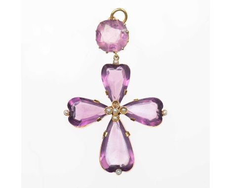 A MID-19TH CENTURY PURPLE PASTE AND SEED PEARL CROSS PENDANT heart-cut purple paste arms accented with seed pearls, to a cush