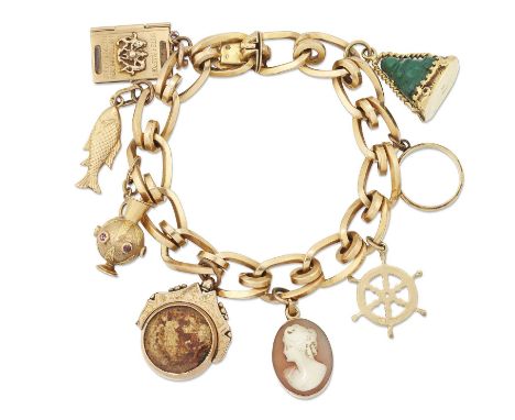 A FANCY CHARM BRACELET a fancy curb link bracelet suspending eight various charms, including a malachite Buddha charm, marked