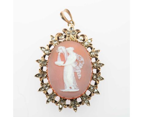 A MID-19TH CENTURY AGATE CAMEO AND DIAMOND PENDANT depicting a classical female figure pouring a libation from a jug into a p