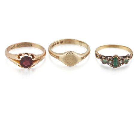 THREE RINGS comprising AN EARLY VICTORIAN EMERALD AND DIAMOND RING, thee octagonal-cut emeralds spaced by rose-cut diamonds i