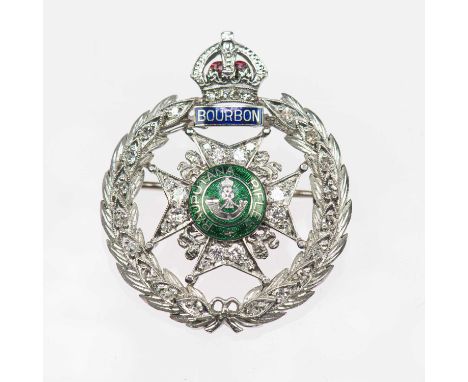 A RAJPUTANA RIFLES DIAMOND AND ENAMEL REGIMENTAL BROOCH set throughout with round brilliant-cut diamonds with enamel. Estimat