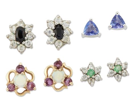 FOUR PAIRS OF GEM SET STUD EARRINGS comprising A PAIR OF 9 CARAT GOLD OPAL AND GARNET STUD EARRINGS; A PAIR OF TANZANITE STUD