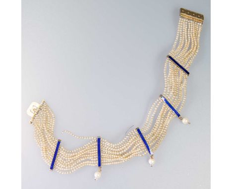 A SIMULATED PEARL COLLAR NECKLACE rows of simulated pearls spaced by blue guilloché enamel bars and suspending simulated pear