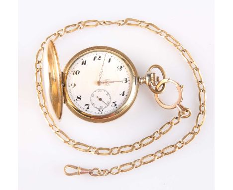 A GOLD FILLED HUNTER POCKET WATCH circular white enamel dial signed with black Arabic index and outer minute track, gilt scro