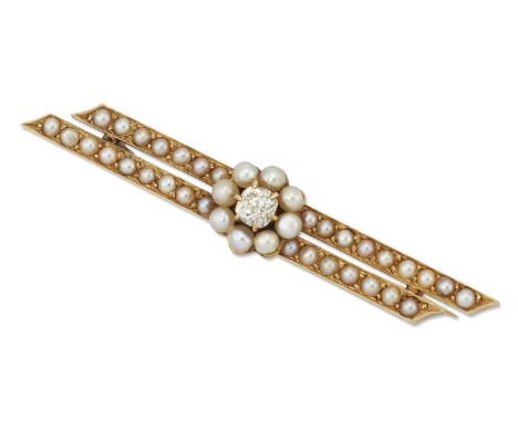 A LATE VICTORIAN DIAMOND AND SEED PEARL BAR BROOCH an old-cut diamond within a border of seed pearls, to seed pearl-set doubl