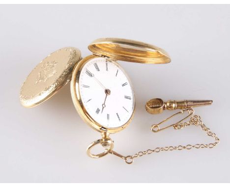 A SWISS HUNTER FOB WATCH circular white enamel dial with black Roman index and outer minute track, gilt hands, the engine-tur