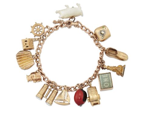 A CHARM BRACELET a fancy curb link chain suspending thirteen various charms, including a 9 carat gold stanhope viewer church;