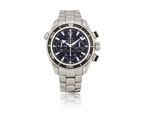 AN OMEGA STEEL 38MM PLANET OCEAN CHRONOGRAPH WATCH the circular black dial signed Omega Seamaster Co-Axial Chronometer with l