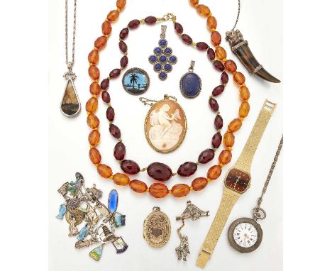 A GROUP OF COSTUME JEWELLERY including A SHELL CAMEO BROOCH IN A ROPE FRAME, marked '9CT', 5cm by 4cm; A LATE 19TH CENTURY PA