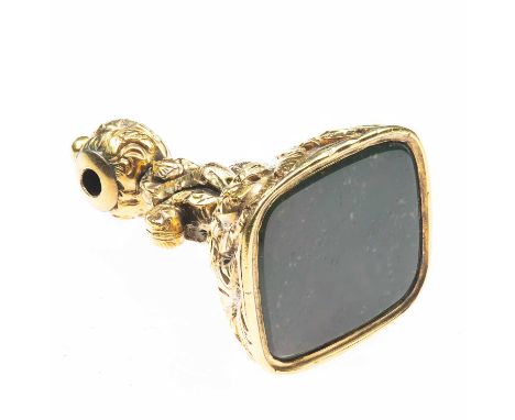 A VICTORIAN BLOODSTONE FOB SEAL a cushion-cut bloodstone within a fancy foliate scroll frame. Unmarked, 3.7cm, 18.3 gramsLigh