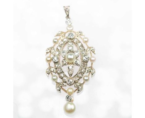 AN EARLY 20TH CENTURY NATURAL SALTWATER PEARL AND DIAMOND PENDANT a pierced oval laurel leaf frame set throughout with old-cu