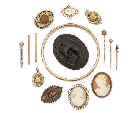 A GROUP OF LATE 19TH CENTURY AND LATER JEWELLERY including A 9 CARAT GOLD TIE BAR; A TIE BAR, marked '9CT'; A BAR BROOCH; TWO