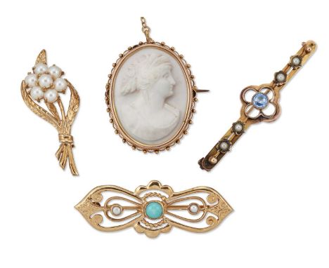 FOUR BROOCHES comprising A 19TH CENTURY CORAL CAMEO BROOCH, depicting a classical female bust within a fancy beaded frame, ma