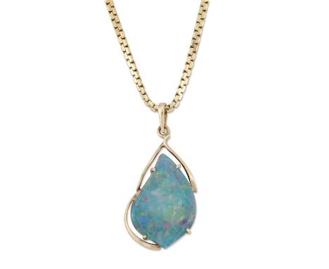 AN OPAL DOUBLET PENDANT ON CHAIN the tear-shaped opal doublet in a scroll frame, to a Boston link chain. Pendant unmarked, ch