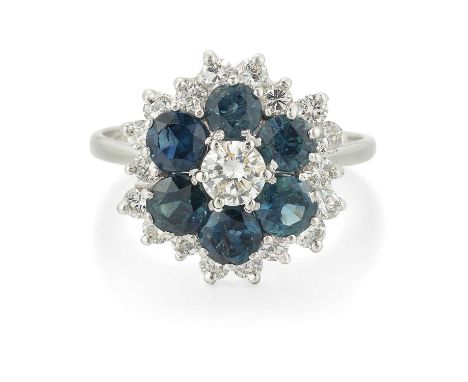 AN 18 CARAT WHITE GOLD SAPPHIRE AND DIAMOND CLUSTER RING a round brilliant-cut diamond within a border of round-cut sapphires