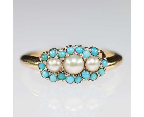 A MID-19TH CENTURY SPLIT PEARL AND TURQUOISE CLUSTER RING three split pearls within a border of turquoise. Indistinctly marke