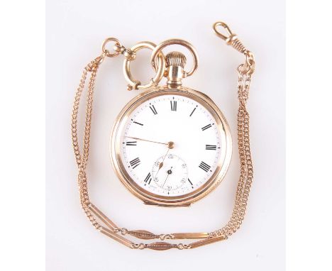 A GOLD FILLED OPEN FACED POCKET WATCH circular white enamel dial with black Roman index and outer minute track, gilt hands, s