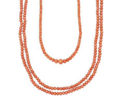 TWO CORAL BEAD NECKLACES one of uniform beads, length 108cm; the other of graduated beads, 40cm. (2) 36.8 grams grossBoth nec