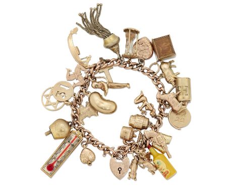 A CHARM BRACELET a curb link chain with a 9 carat gold padlock clasp suspending twenty six various charms, including a 9 cara