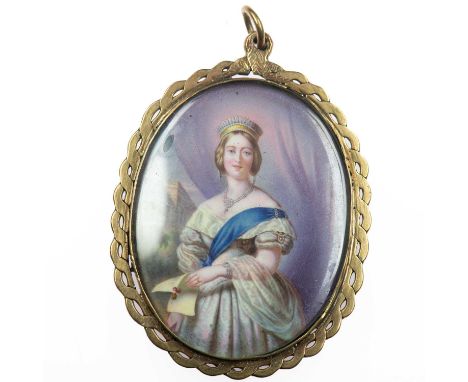 A MID-19TH CENTURY ENAMELLED PORTRAIT MINIATURE PENDANT depicting the young Queen Victoria, in a fancy scroll frame. 7cm by 4
