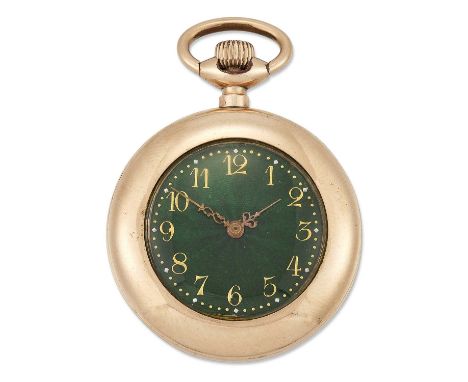 A GOLD FILLED FOB WATCH the circular green enamel dial with gilt Arabic numerals and scroll hands, plain case 32mm diameter, 