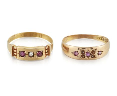 TWO LATE VICTORIAN RINGS comprising AN 18 CARAT GOLD RUBY AND DIAMOND RING, hallmarked Birmingham 1891, ring size O, 2.3 gram