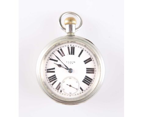 A STEEL ELGIN USA POCKET WATCH circular white enamel dial signed Elgin USA with black Roman index and outer minute track, blu