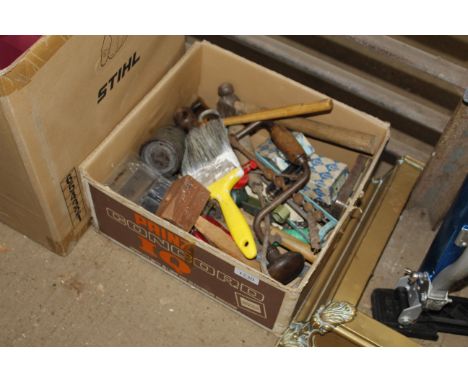 A wooden box containing various tools etc 