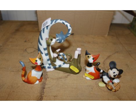 A Border Fine Arts Cool cats figure group, two Goebel cat ornaments and a Mickey Mouse ornament