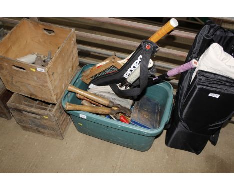 A plastic box containing various tools, hand tools, garden tools, sports rackets etc 