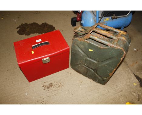 A Jerry can and tool box with various contents