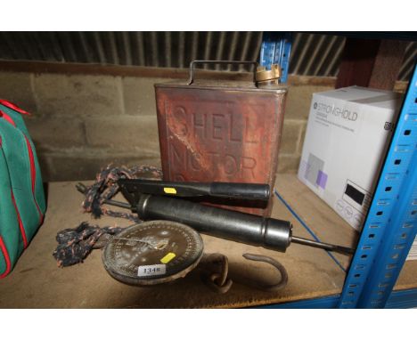 A Salters balance scale, grease gun &amp; a Shell 2 gallon petrol can
